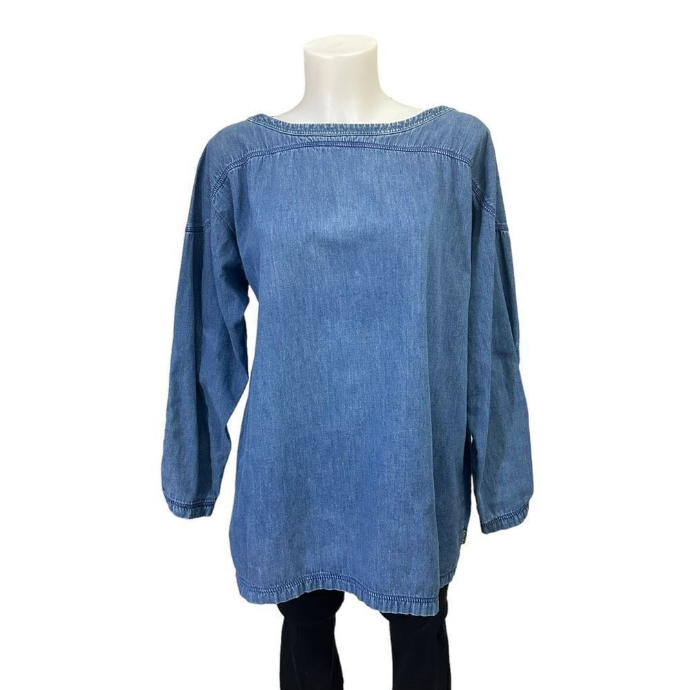 GENE Ewing Bis‎ Wrinkled Rich Denim Blue Boat Neck Longsleeve Top sz P Vintage